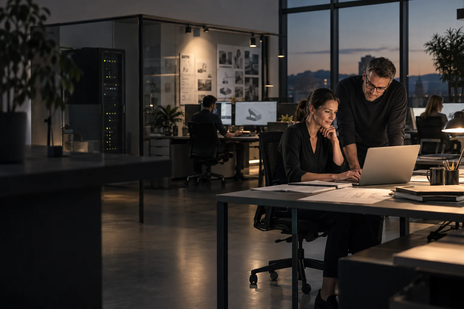 Zwei Personen arbeiten gemeinsam am Laptop im Büro – generiertes Symbolbild
