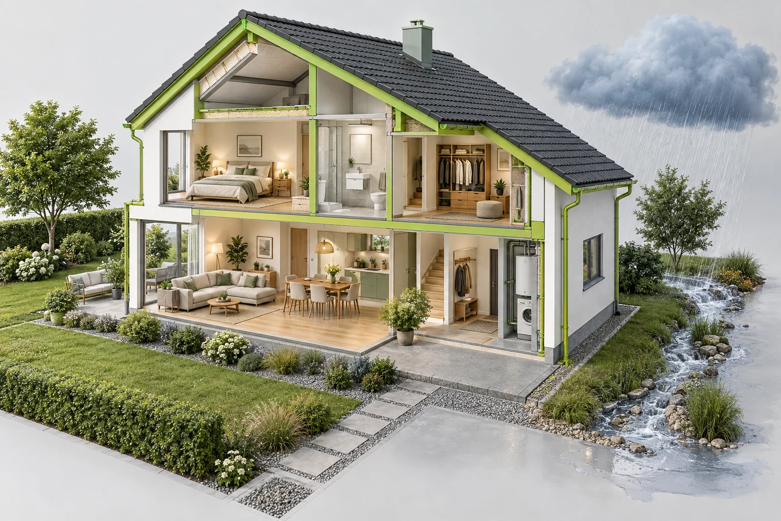 KI-Illustration eines aufgeschnittenen Hauses: grün hervorgehobene Gebäudeteile, Einrichtung und Regen außerhalb des Hauses